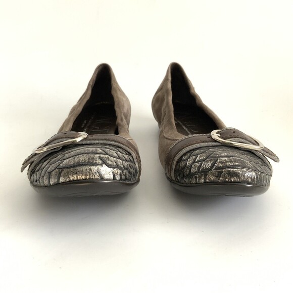AGL Ballet Flats Size 37 Taupe Pewter Snake Cap-toe Buckle Front Shoe - Picture 4 of 12